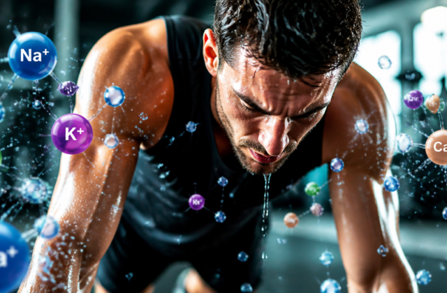 A dynamic, high-quality image showing an athlete (could be running, cycling, or lifting weights) sweating profusely, with stylized representations of electrolyte molecules (like sodium, potassium) and water droplets around them. The background should suggest an intense training environment (gym, track, outdoor trail). Focus on a sense of energy, effort, and the scientific aspect of hydration. Bright, vibrant colors. Realistic, yet slightly artistic.