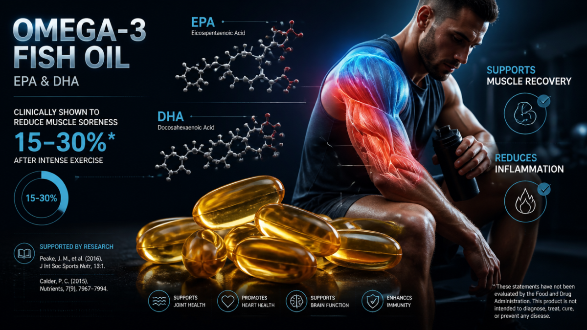 A high-quality, photorealistic 3D scientific illustration featuring translucent golden omega-3 fish oil capsules in the foreground, with elegant molecular structures of EPA and DHA fatty acids floating nearby. In the softly blurred background, a muscular male athlete is shown in a recovery pose after intense training, with subtle blue-to-red gradient overlays on the muscle tissue symbolizing inflammation resolution. The composition uses dramatic cinematic lighting, a clean dark navy background with teal and warm orange accents, conveying a premium sports nutrition and medical research aesthetic. Include subtle infographic elements like percentage indicators (15-30%) and scientific journal references, rendered in a modern, editorial style suitable for a health and fitness blog header.