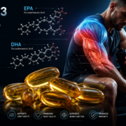 A high-quality, photorealistic 3D scientific illustration featuring translucent golden omega-3 fish oil capsules in the foreground, with elegant molecular structures of EPA and DHA fatty acids floating nearby. In the softly blurred background, a muscular male athlete is shown in a recovery pose after intense training, with subtle blue-to-red gradient overlays on the muscle tissue symbolizing inflammation resolution. The composition uses dramatic cinematic lighting, a clean dark navy background with teal and warm orange accents, conveying a premium sports nutrition and medical research aesthetic. Include subtle infographic elements like percentage indicators (15-30%) and scientific journal references, rendered in a modern, editorial style suitable for a health and fitness blog header.