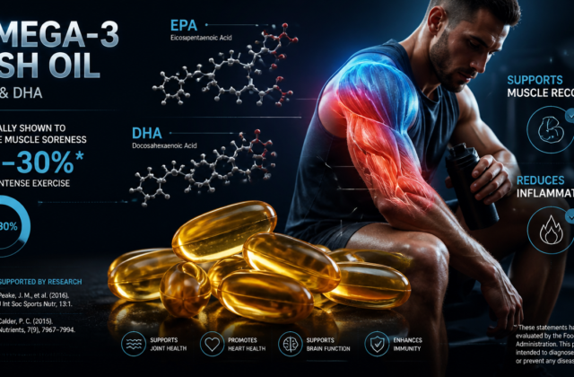 A high-quality, photorealistic 3D scientific illustration featuring translucent golden omega-3 fish oil capsules in the foreground, with elegant molecular structures of EPA and DHA fatty acids floating nearby. In the softly blurred background, a muscular male athlete is shown in a recovery pose after intense training, with subtle blue-to-red gradient overlays on the muscle tissue symbolizing inflammation resolution. The composition uses dramatic cinematic lighting, a clean dark navy background with teal and warm orange accents, conveying a premium sports nutrition and medical research aesthetic. Include subtle infographic elements like percentage indicators (15-30%) and scientific journal references, rendered in a modern, editorial style suitable for a health and fitness blog header.