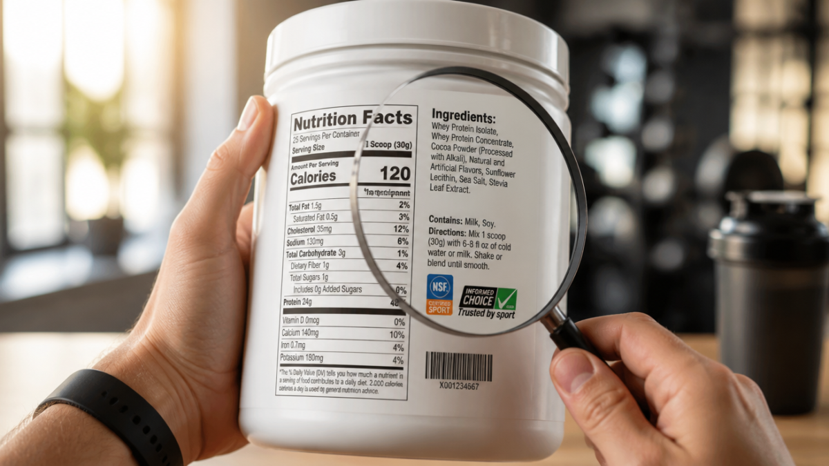 A high-resolution, photorealistic close-up shot of a person's hands holding a white plastic protein supplement container with a detailed nutrition label facing the camera. The label is in sharp focus, showing protein content, ingredient list, serving size, and third-party certification logos. A magnifying glass hovers over the label, emphasizing the act of careful reading. Soft natural lighting from the left, shallow depth of field with a blurred gym or kitchen background in warm neutral tones. Clean, modern editorial photography style, vertical composition suitable for a blog header, ultra-detailed, 4K quality.