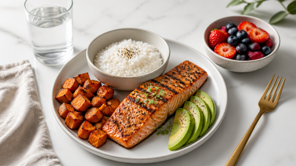 A high-quality, photorealistic flat-lay composition on a clean white marble countertop featuring a balanced refeed meal: a grilled salmon fillet, a bowl of jasmine rice, roasted sweet potatoes, fresh avocado slices, mixed berries, and a glass of water. Soft natural daylight from the left, shallow depth of field, minimalist aesthetic, subtle metabolic and hormonal health theme, no text, editorial food photography style, 4K, ultra-sharp details, warm tones.