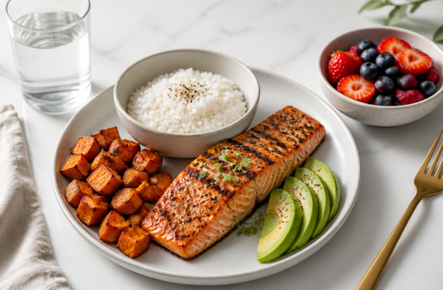 A high-quality, photorealistic flat-lay composition on a clean white marble countertop featuring a balanced refeed meal: a grilled salmon fillet, a bowl of jasmine rice, roasted sweet potatoes, fresh avocado slices, mixed berries, and a glass of water. Soft natural daylight from the left, shallow depth of field, minimalist aesthetic, subtle metabolic and hormonal health theme, no text, editorial food photography style, 4K, ultra-sharp details, warm tones.