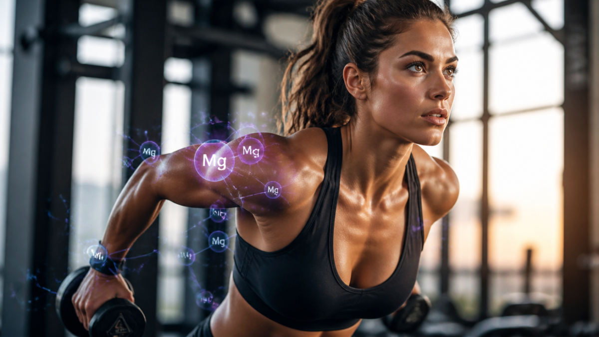 A dynamic, high-quality image featuring an athlete (e.g., runner, weightlifter) in motion, with subtle, glowing magnesium ions or molecules subtly integrated around their muscles or energy points. The background should be a modern, clean gym or an outdoor sports environment at sunrise/sunset, conveying energy and health. The color palette should be vibrant, with hints of purple/blue for magnesium and warm tones for energy. Focus on a strong, determined expression on the athlete's face. Realistic style, professional photography quality.