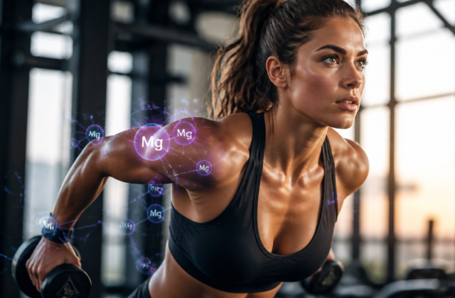 A dynamic, high-quality image featuring an athlete (e.g., runner, weightlifter) in motion, with subtle, glowing magnesium ions or molecules subtly integrated around their muscles or energy points. The background should be a modern, clean gym or an outdoor sports environment at sunrise/sunset, conveying energy and health. The color palette should be vibrant, with hints of purple/blue for magnesium and warm tones for energy. Focus on a strong, determined expression on the athlete's face. Realistic style, professional photography quality.
