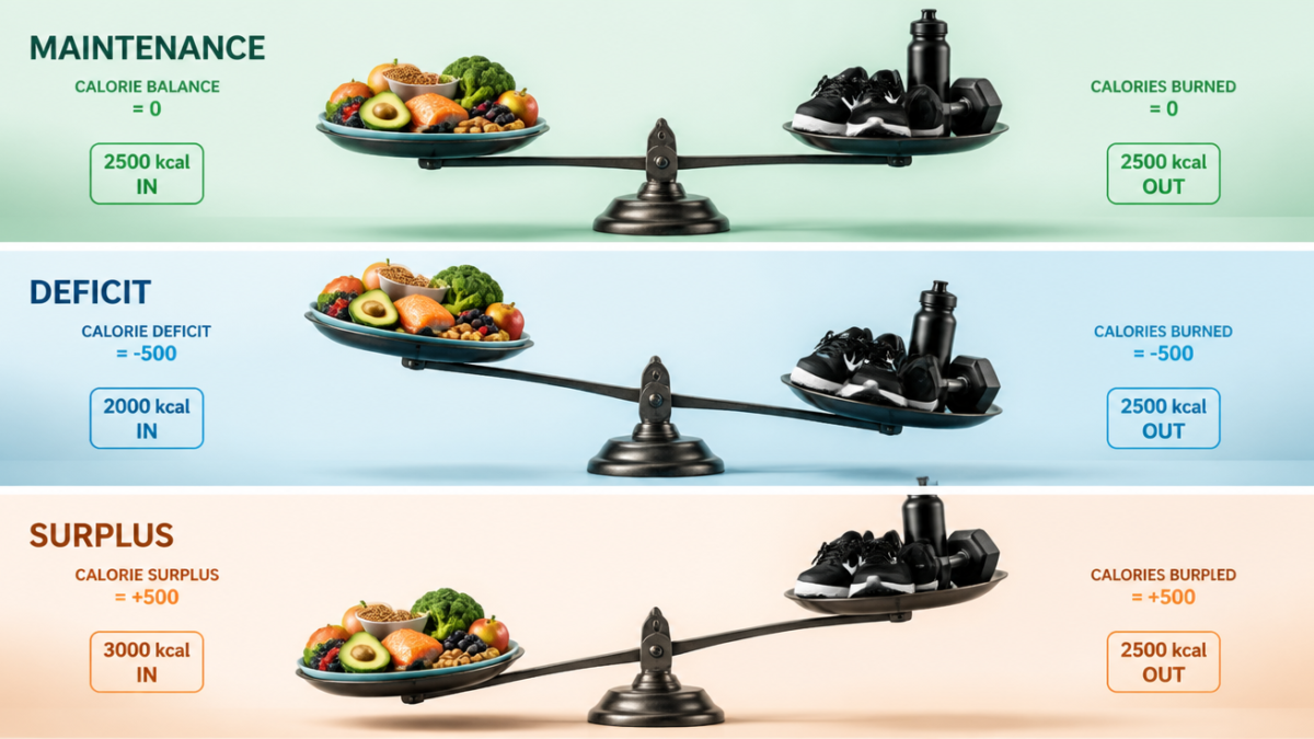 A high-quality, conceptual image illustrating the balance of energy. On one side of a scale, there are food items (representing caloric intake). On the other side, there are symbols of physical activity and metabolism (representing caloric expenditure). The scale should show three states: perfectly balanced (maintenance), tilted towards expenditure (deficit), and tilted towards intake (surplus). Use vibrant, clear colors and a modern, clean aesthetic. Include subtle numerical representations of calories or energy units. Focus on clarity and immediate understanding of the concepts.