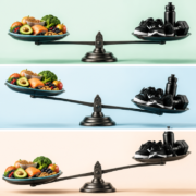A high-quality, conceptual image illustrating the balance of energy. On one side of a scale, there are food items (representing caloric intake). On the other side, there are symbols of physical activity and metabolism (representing caloric expenditure). The scale should show three states: perfectly balanced (maintenance), tilted towards expenditure (deficit), and tilted towards intake (surplus). Use vibrant, clear colors and a modern, clean aesthetic. Include subtle numerical representations of calories or energy units. Focus on clarity and immediate understanding of the concepts.