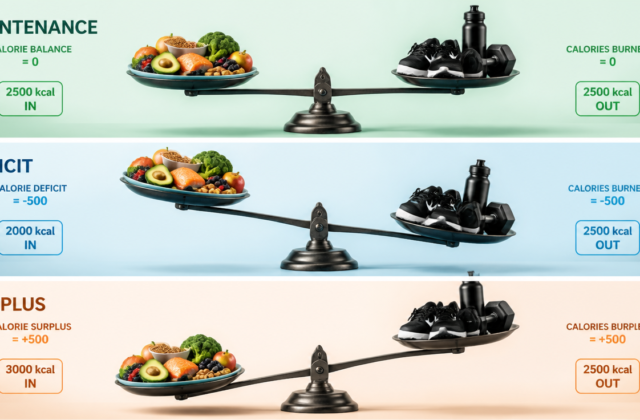 A high-quality, conceptual image illustrating the balance of energy. On one side of a scale, there are food items (representing caloric intake). On the other side, there are symbols of physical activity and metabolism (representing caloric expenditure). The scale should show three states: perfectly balanced (maintenance), tilted towards expenditure (deficit), and tilted towards intake (surplus). Use vibrant, clear colors and a modern, clean aesthetic. Include subtle numerical representations of calories or energy units. Focus on clarity and immediate understanding of the concepts.