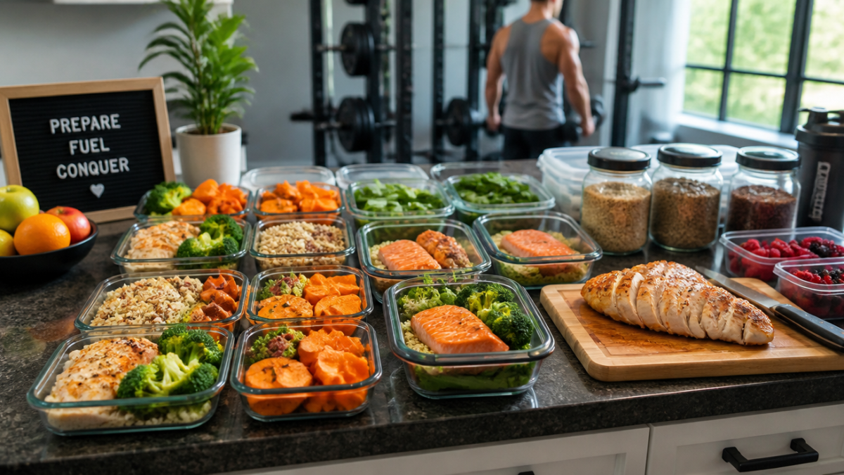 A vibrant, dynamic image showing a well-organized meal prep setup on a kitchen counter. Include various healthy food components like lean protein (chicken breast, fish), complex carbohydrates (quinoa, sweet potatoes), fresh vegetables (broccoli, spinach), and fruits. In the background, subtly hint at gym equipment or a person working out. The overall aesthetic should be clean, energetic, and inspiring, with good lighting. Focus on a balanced and nutritious spread, suggesting preparation for an intense training week.
