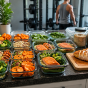 A vibrant, dynamic image showing a well-organized meal prep setup on a kitchen counter. Include various healthy food components like lean protein (chicken breast, fish), complex carbohydrates (quinoa, sweet potatoes), fresh vegetables (broccoli, spinach), and fruits. In the background, subtly hint at gym equipment or a person working out. The overall aesthetic should be clean, energetic, and inspiring, with good lighting. Focus on a balanced and nutritious spread, suggesting preparation for an intense training week.
