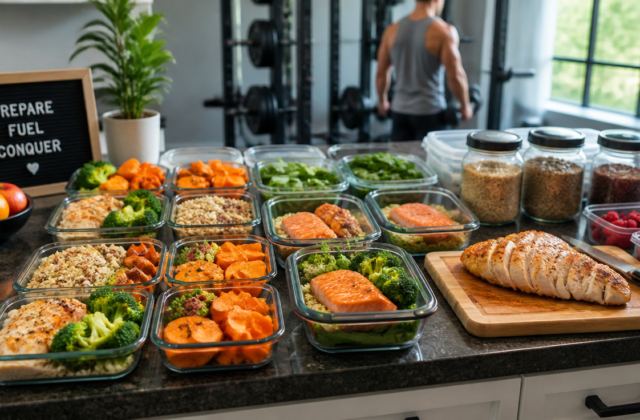 A vibrant, dynamic image showing a well-organized meal prep setup on a kitchen counter. Include various healthy food components like lean protein (chicken breast, fish), complex carbohydrates (quinoa, sweet potatoes), fresh vegetables (broccoli, spinach), and fruits. In the background, subtly hint at gym equipment or a person working out. The overall aesthetic should be clean, energetic, and inspiring, with good lighting. Focus on a balanced and nutritious spread, suggesting preparation for an intense training week.