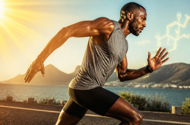 High-quality, dynamic image of an athlete (e.g., runner, weightlifter) in action, with subtle, abstract representations of vitamin D (like sun rays or a molecular structure) integrated into the background or around the athlete, symbolizing energy and performance. Focus on health, strength, and vitality. Realistic, vibrant colors, athletic build, determined expression. Avoid overly scientific or clinical looks. Emphasize peak performance and well-being.