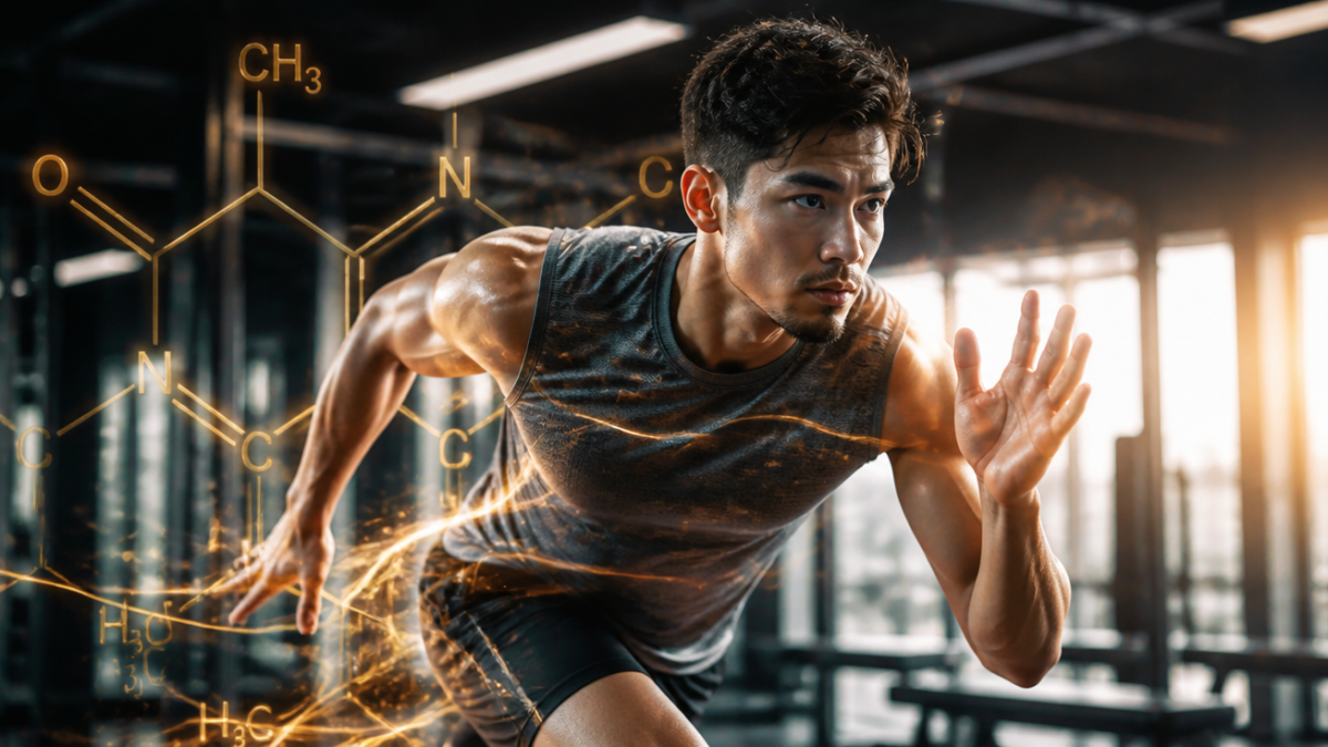 A dynamic and high-quality image of an athlete (male or female, diverse representation) in an active pose (e.g., lifting weights, running, or stretching) with subtle, glowing energy lines or a caffeine molecule overlay. The background should be a modern gym or an outdoor training environment, suggesting focus and enhanced performance. The color palette should be vibrant and energetic, with good lighting. Focus on conveying power, endurance, and mental clarity. Ultra-realistic, cinematic lighting.