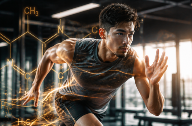 A dynamic and high-quality image of an athlete (male or female, diverse representation) in an active pose (e.g., lifting weights, running, or stretching) with subtle, glowing energy lines or a caffeine molecule overlay. The background should be a modern gym or an outdoor training environment, suggesting focus and enhanced performance. The color palette should be vibrant and energetic, with good lighting. Focus on conveying power, endurance, and mental clarity. Ultra-realistic, cinematic lighting.