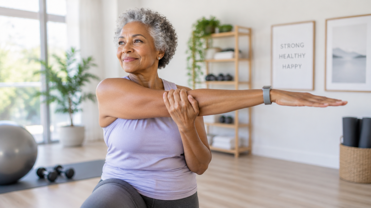 A serene, well-lit image of an active senior woman (around 65-70 years old, diverse ethnicity) performing a gentle stretching exercise (e.g., arm raises or leg lift) with a calm, focused expression. She is wearing comfortable athletic wear in a bright, modern home gym or a clean, minimalist studio. The background is slightly blurred, suggesting a peaceful environment. The overall mood is positive, empowering, and emphasizes safety and well-being. High quality, realistic, natural light.