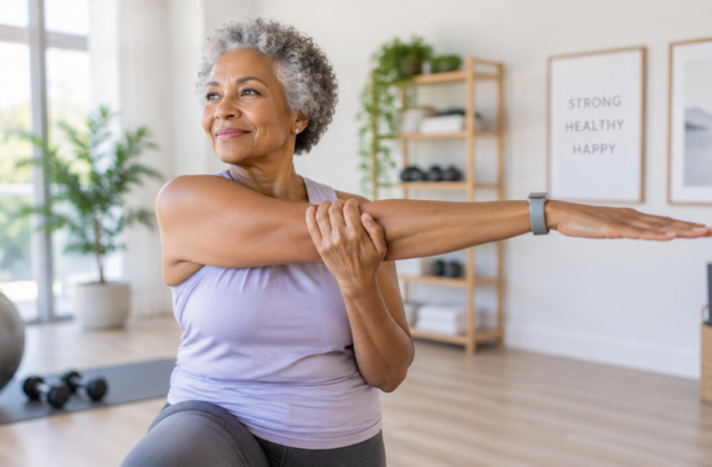 A serene, well-lit image of an active senior woman (around 65-70 years old, diverse ethnicity) performing a gentle stretching exercise (e.g., arm raises or leg lift) with a calm, focused expression. She is wearing comfortable athletic wear in a bright, modern home gym or a clean, minimalist studio. The background is slightly blurred, suggesting a peaceful environment. The overall mood is positive, empowering, and emphasizes safety and well-being. High quality, realistic, natural light.