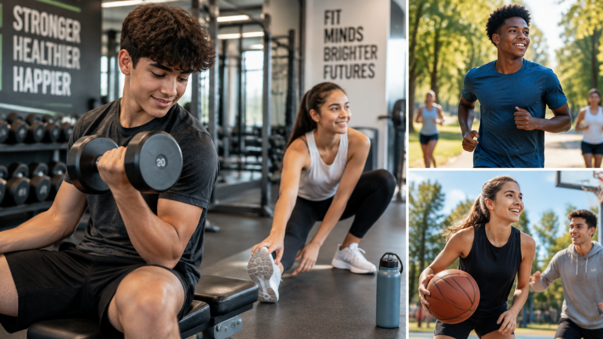 A vibrant, dynamic image featuring a diverse group of teenagers (14-18 years old) engaged in various physical activities. One teen is doing light weight training, another is stretching, and a third is jogging or playing a sport. The setting is a modern, bright gym or an outdoor park. Emphasize health, energy, and a balanced approach to fitness. The overall mood should be positive and encouraging. High quality, realistic, natural lighting.