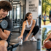 A vibrant, dynamic image featuring a diverse group of teenagers (14-18 years old) engaged in various physical activities. One teen is doing light weight training, another is stretching, and a third is jogging or playing a sport. The setting is a modern, bright gym or an outdoor park. Emphasize health, energy, and a balanced approach to fitness. The overall mood should be positive and encouraging. High quality, realistic, natural lighting.