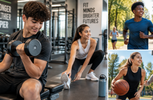 A vibrant, dynamic image featuring a diverse group of teenagers (14-18 years old) engaged in various physical activities. One teen is doing light weight training, another is stretching, and a third is jogging or playing a sport. The setting is a modern, bright gym or an outdoor park. Emphasize health, energy, and a balanced approach to fitness. The overall mood should be positive and encouraging. High quality, realistic, natural lighting.