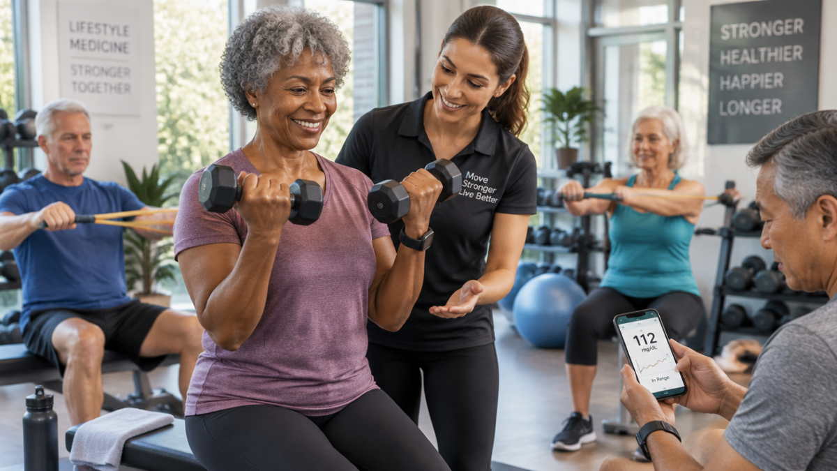 A professional, modern editorial photograph showing a diverse group of mature adults aged 50-65 performing guided resistance training with dumbbells and elastic bands in a bright, well-equipped medical fitness gym. Soft natural window lighting, warm tones, shallow depth of field. One participant is checking blood glucose on a smartphone while a certified trainer supervises form. Clean composition, photorealistic, high resolution, conveying health, empowerment, and clinical credibility.