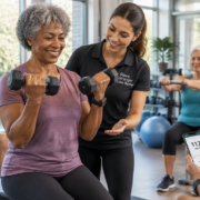 A professional, modern editorial photograph showing a diverse group of mature adults aged 50-65 performing guided resistance training with dumbbells and elastic bands in a bright, well-equipped medical fitness gym. Soft natural window lighting, warm tones, shallow depth of field. One participant is checking blood glucose on a smartphone while a certified trainer supervises form. Clean composition, photorealistic, high resolution, conveying health, empowerment, and clinical credibility.
