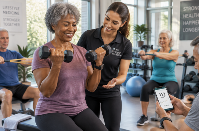 A professional, modern editorial photograph showing a diverse group of mature adults aged 50-65 performing guided resistance training with dumbbells and elastic bands in a bright, well-equipped medical fitness gym. Soft natural window lighting, warm tones, shallow depth of field. One participant is checking blood glucose on a smartphone while a certified trainer supervises form. Clean composition, photorealistic, high resolution, conveying health, empowerment, and clinical credibility.