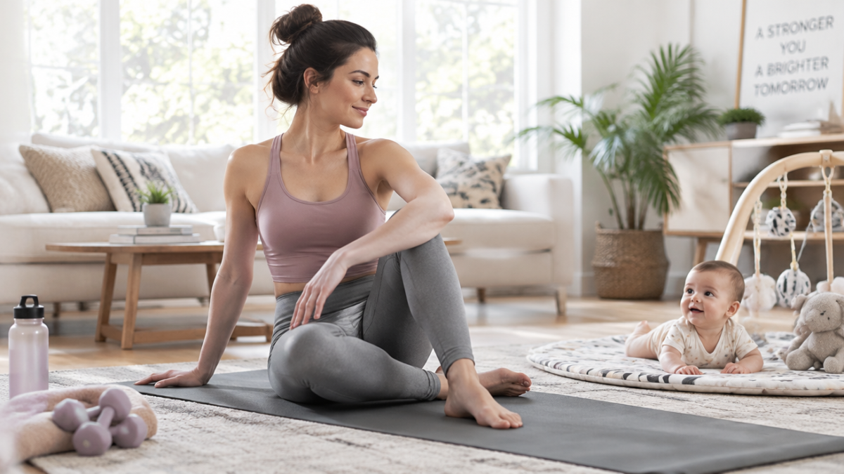 A serene and strong new mother, in her late 20s to early 30s, performing gentle postpartum exercises (e.g., yoga, stretching, light core work) in a bright, airy living room or a sunny park. She has a calm, confident expression. A baby is safely nearby, perhaps in a playpen or on a mat, observing her. The scene emphasizes well-being, safety, and the bond between mother and child. Soft, natural lighting. High-quality, realistic photography style.