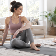 A serene and strong new mother, in her late 20s to early 30s, performing gentle postpartum exercises (e.g., yoga, stretching, light core work) in a bright, airy living room or a sunny park. She has a calm, confident expression. A baby is safely nearby, perhaps in a playpen or on a mat, observing her. The scene emphasizes well-being, safety, and the bond between mother and child. Soft, natural lighting. High-quality, realistic photography style.